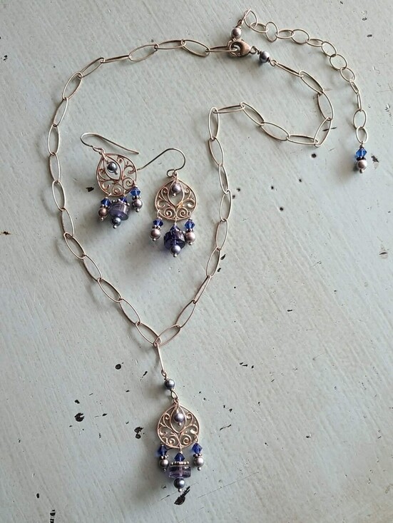 Jewelry - Delicate Silver Filigree Necklace & Earrings Set with Blue Accents